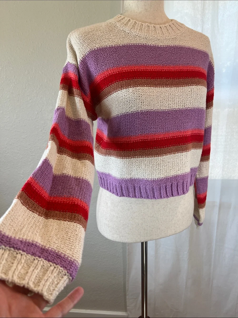 Billabong Striped Crewneck Sweater in Lavender, Red & Cream. Youth L. NWT